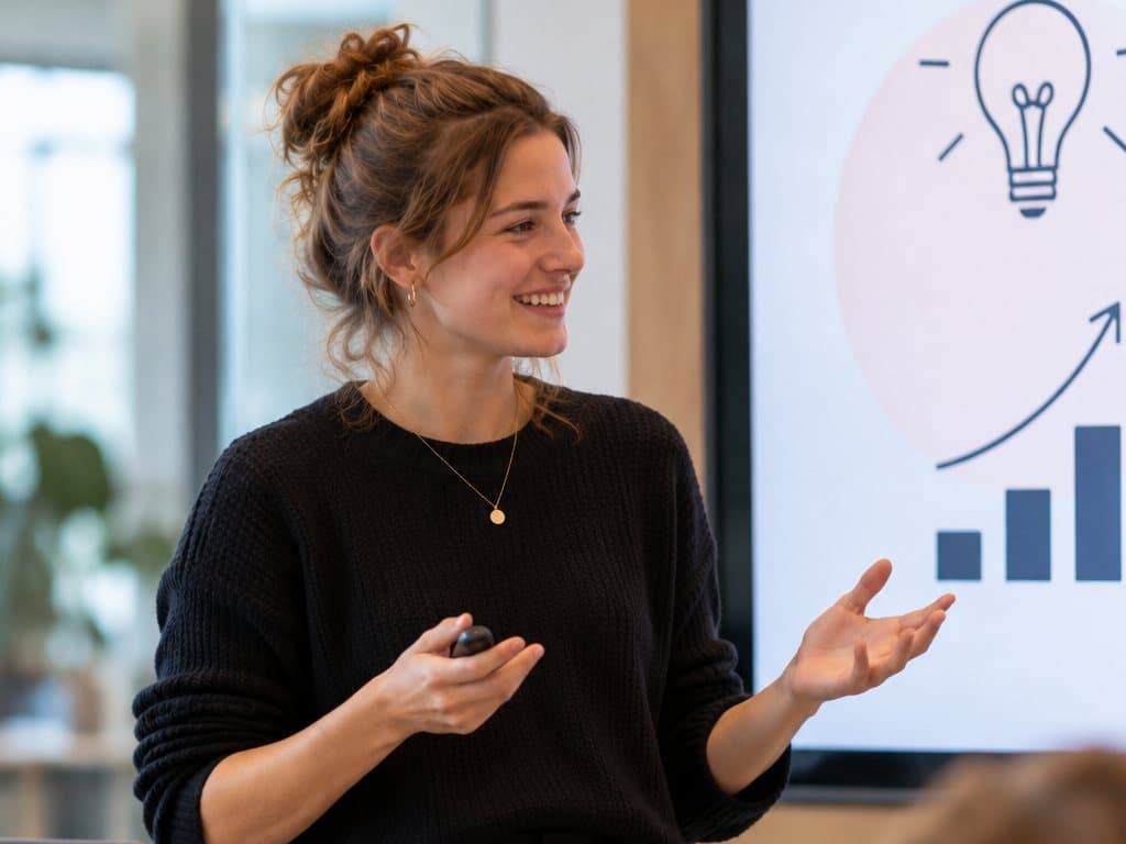 Een onderzoeker pitcht voor een groep, met een slide van een lampje en een stijgende grafiek
